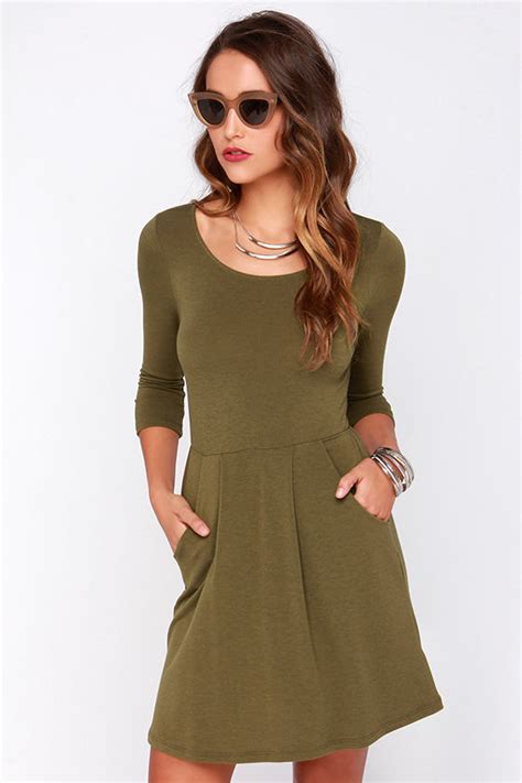Cute Olive Green Dress Skater Dress Long Sleeve Dress 4000 Lulus