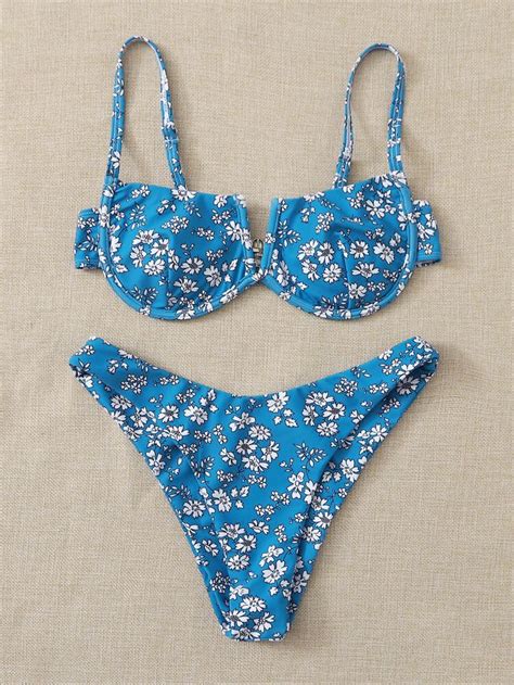 Floral V Wired Underwire High Cut Bikini Swimsuit Shein Usa Summer Bathing Suits Cute Bathing