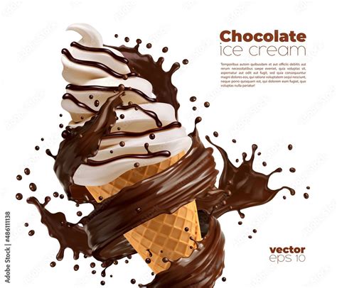 Isolated Chocolate Soft Serve Ice Cream In Waffle Cone With Chocolate Splash Vector Realistic
