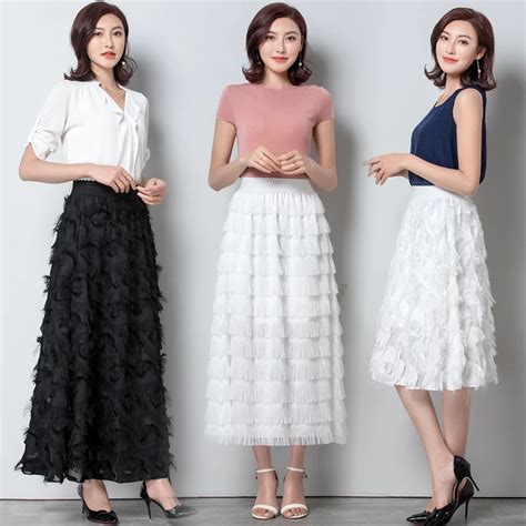 Tassels Feather Layers Long Tulle Skirt Women Summer Holiday High Waist