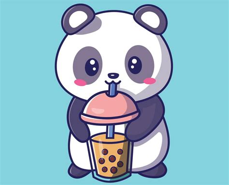 Cute Panda Drinking Milk Tea Boba Cartoon Icon Illustration Animal