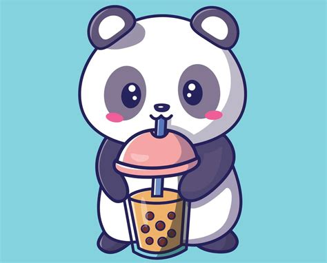 Cute panda drinking milk tea boba cartoon icon illustration. animal