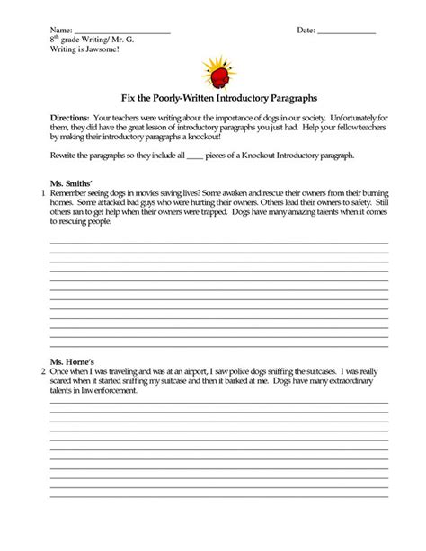 Paragraph Writing Worksheets Grade 8 References Gealena