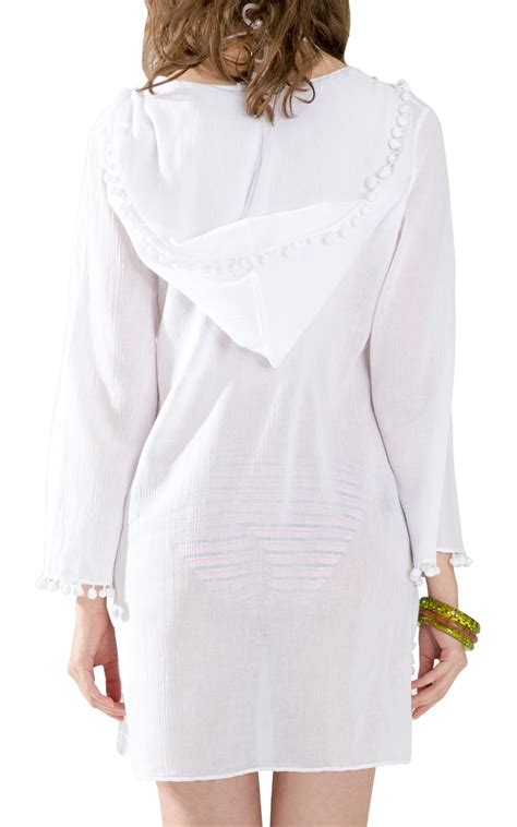 Womens Long Sleeve Beach Tunic Hooded Cotton Cover Up White J And Ce