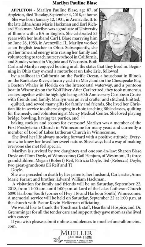 Obituary For Marilyn Pauline Blase 1931 2018 Aged 87
