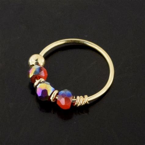 9ct Gold Nose Ring Oil Slick And Red Beaded Nose Ring Thin Etsy