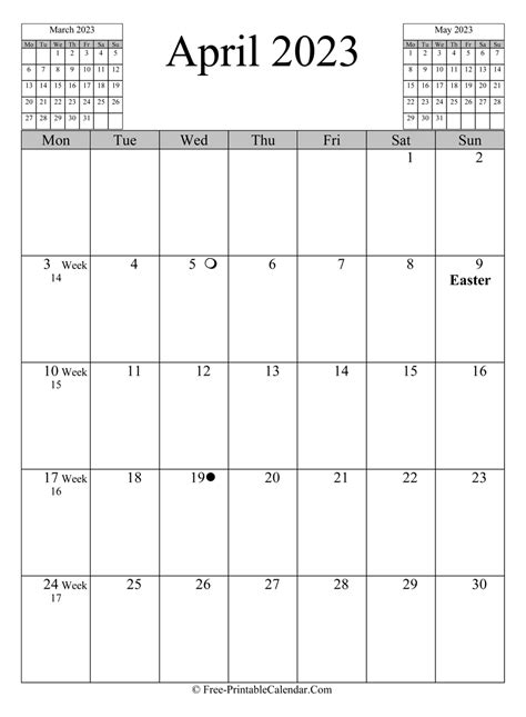April 2023 Calendar Vertical Layout
