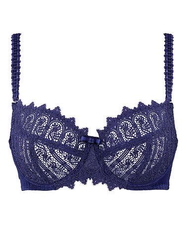 Samanta Navy Blue Sheer Embroidered Kerk Full Fit Bra Women Bra