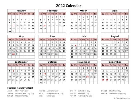Printable Calendar 2022 One Page With Holidays Single Page 2022