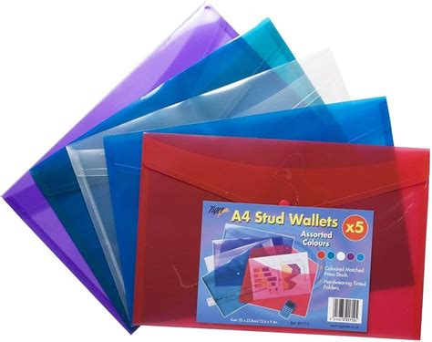 5 X Premium A4 Stud Press Wallets Coloured Plastic Document Popper File