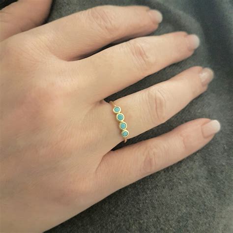 K Real Solid Gold Four Turquoise Ring For Women December Birthstone