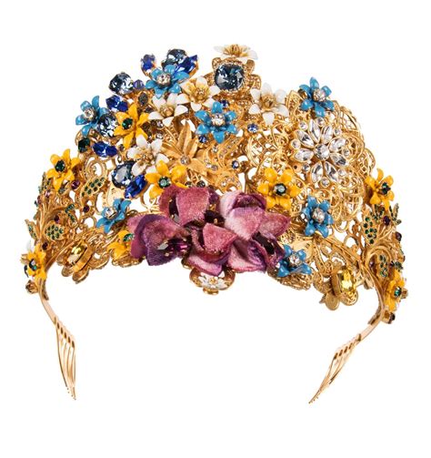 Dolce And Gabbana Runway Flower Crystals Tiara Diadem Crown Gold Blue