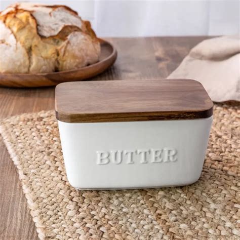 Better Homes And Gardens White And Acacia Wood Porcelain Embossed Butter