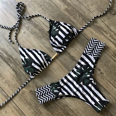 Sexy Halter Swimsuit Women Thong Micro Bikini Push Up 2023 Brazilian Bikini Tropical Plant Print