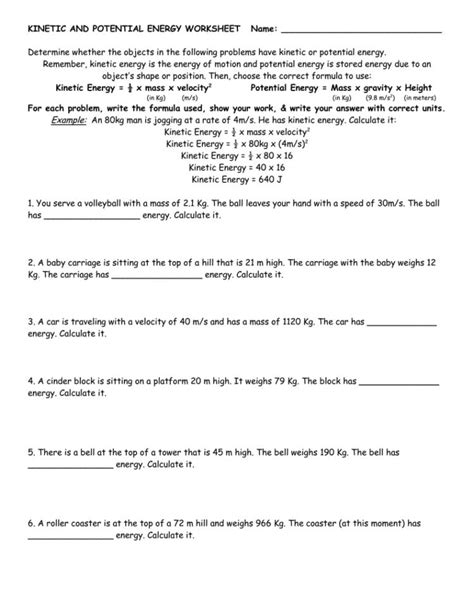 Kinetic And Potential Energy Worksheet Answer Key — Db