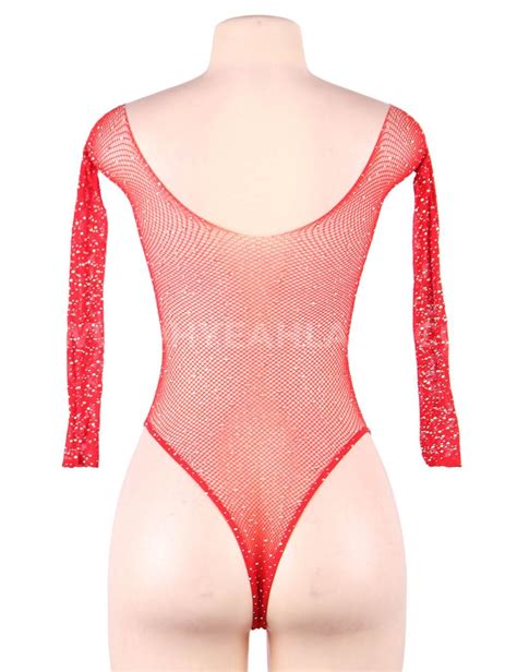 Plus Size Red Long Sleeve Fishnet Off The Shoulder Sparkle Bodysuit