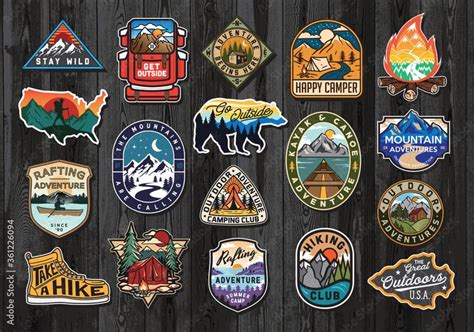 Set Of Vintage Outdoor Summer Camp Logo Patches On Wood Board Hand