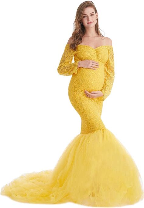 Myrisam Pregnant Women Long Sleeve Lace Mermaid Tulle Dress Off