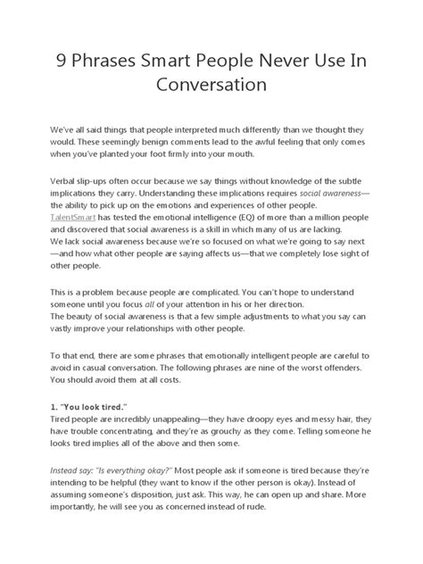 9 Phrases Smart People Never Use In Conversation Pdf Awareness