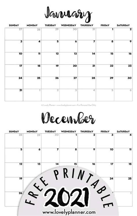 Our calendars are free to be used and republished for personal use. 2021 Calendar Printable Free Template - Lovely Planner