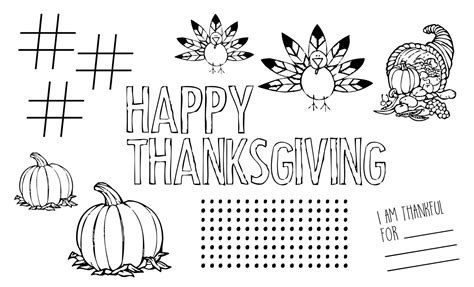 Turkeys, cornucopias, pilgrims, natives, family and pumpkins. Free Printable Thanksgiving Placemat - Paper Trail Design