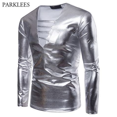 Silver Metallic T Shirt Men 2018 Deep V Neck Mens T Shirts Casual Slim