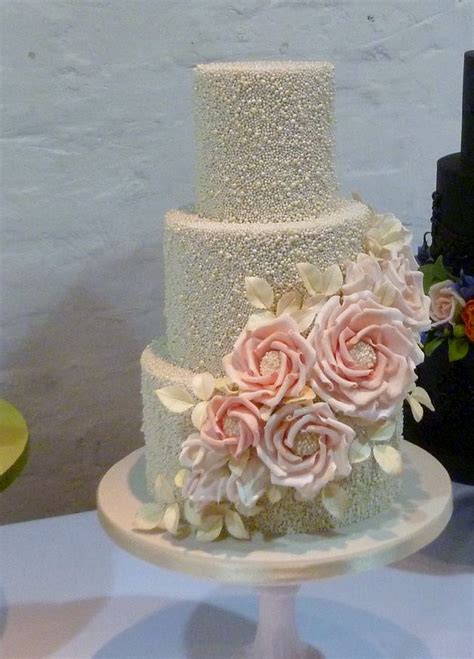 Glittery Pearl 3 Tier Wedding Cake With Cascading Pink Flowers Hi