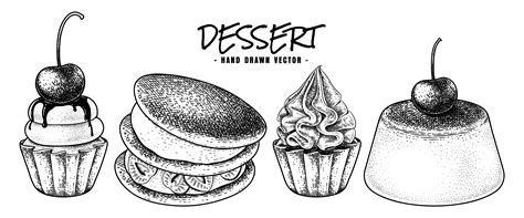 Dessert Hand Drawn Sketch Vector Cupcakes Dorayaki And Pudding