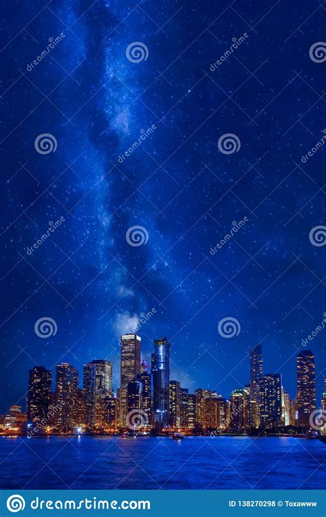 Night Time Chicago Downtown Cityscape Stock Photo Image