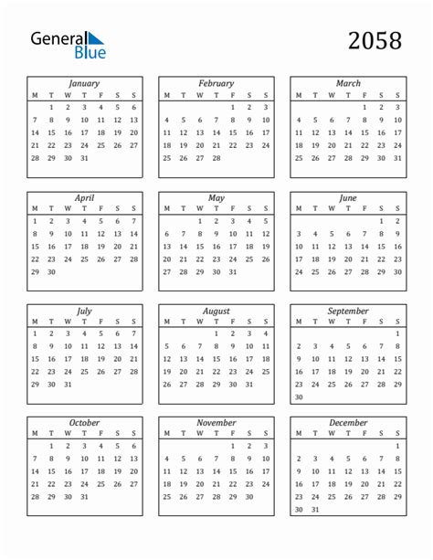 2058 Yearly Calendar Templates With Monday Start