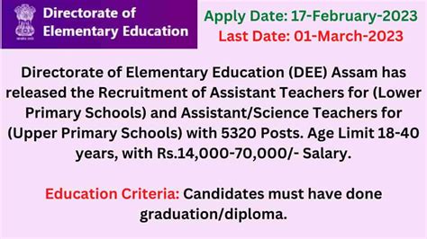 Dee Assam Lp Up Teacher Recruitment For Posts Apply Online