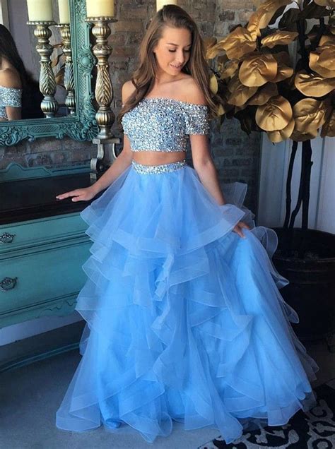Two Piece Off The Shoulder Blue Tulle Prom Dress With Sequins Ruffles