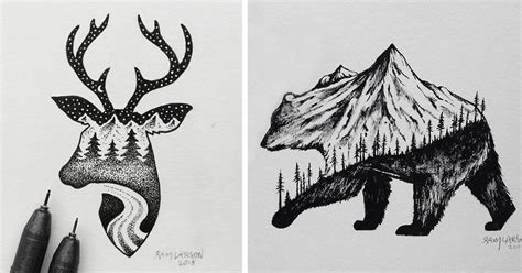 Black and white drawing easy animal. Miniature Hybrid Illustrations Of Wild Animals Combined With Landscapes