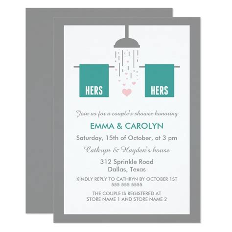cute lesbian couple s shower invitation in teal gray and pink with his and his towels and a