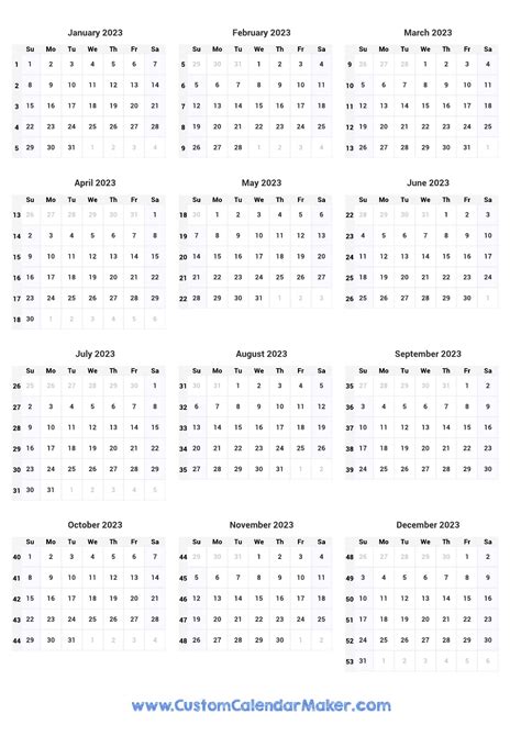 2023 One Page Yearly Calendar With Week Numbers