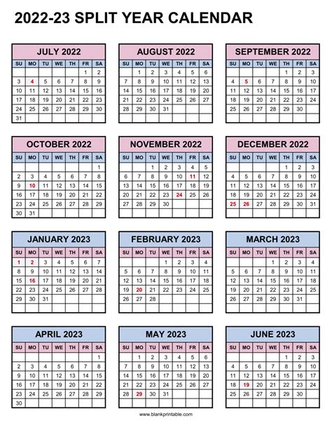 Split Year Calendar 202223 July To June Printable Calendar 2022 2023