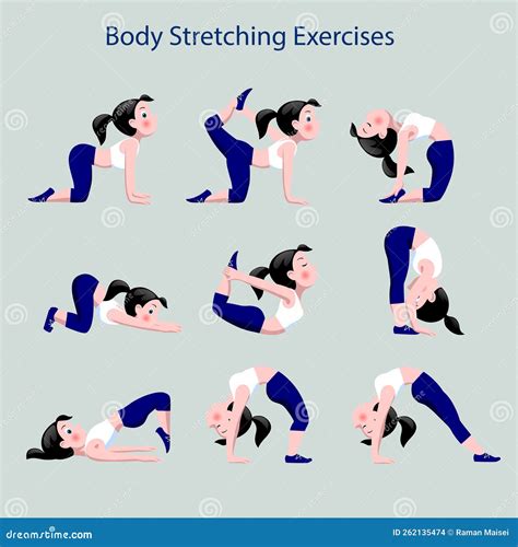 Body Stretching Exercises Set With Cartoon Girl In Blue And White Suit