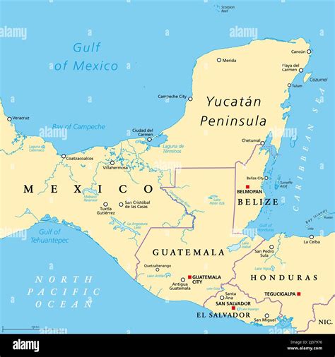 Yucatan Peninsula Political Map Large Peninsula In Southeastern Mexico