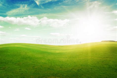Green Grass Hills Under Midday Sun In Blue Sky Stock Image Image Of