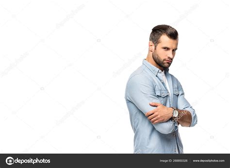 Confident Man Crossed Arms Isolated White Copy Space — Stock Photo