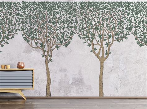 Green Painted Trees Concrete Wall Paper Murals Fywalls