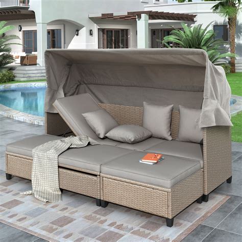 4 Piece Outdoor Daybed Pe Rattan Patio Daybed Patio Sofa Set With Retractable Canopy Cushions