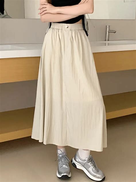 TIGENA Casual Solid Midi Long Skirt For Women 2023 Summer Korean Simple