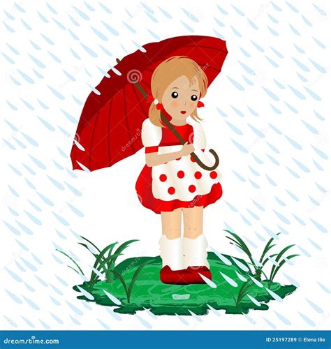 A Little Girl In The Rain With An Umbrella Stock Illustration