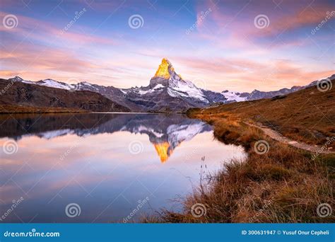 The Famous Matterhorn Reflected In The Stellisee During Dawn Zermatt