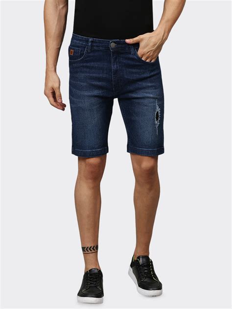 Buy Navy Blue Distressed Detail Denim Shorts For Men Online At Best