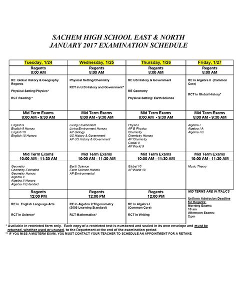 High school Regents, midterm exam schedules | Sachem Report