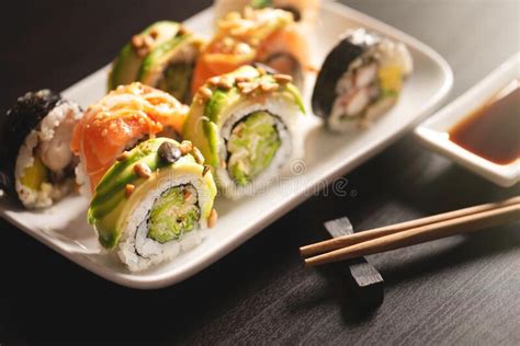 Traditional Sushi Roll Set On Plate Stock Image Image Of Healthy