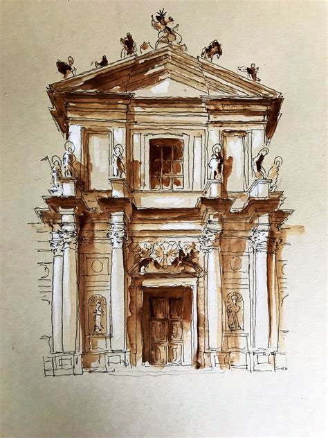 Original Watercolour Study Of Baroque Facade Of Santa Maria Assunta