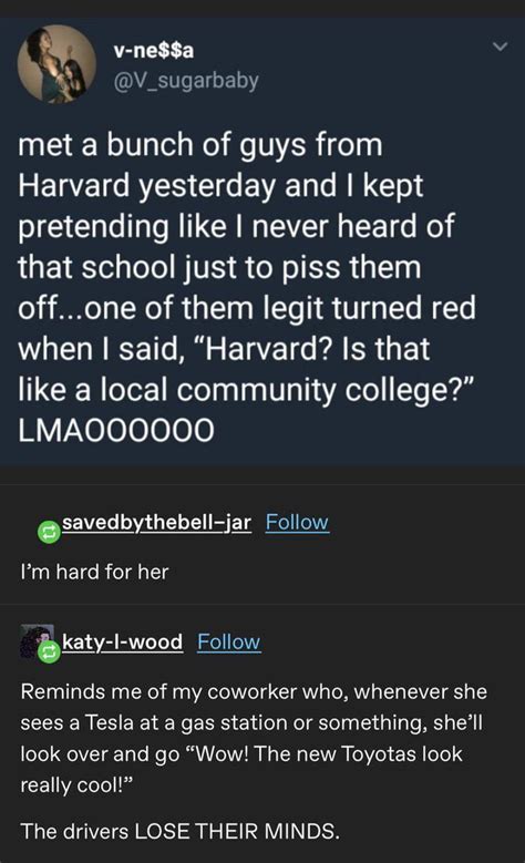 madlad 1 pretends she doesn t know harvard madlad 2 intentionally angers tesla owners 9gag
